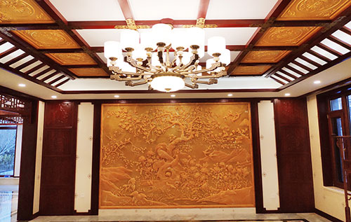 大冶中式别墅客厅中式木作横梁吊顶装饰展示